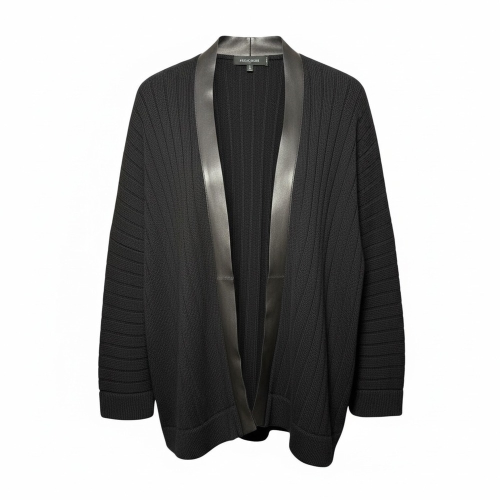CIVIDINI Italy Cashmere Cardigan Black Leather Trim Sz XL (IT 48) Ribbed Luxury